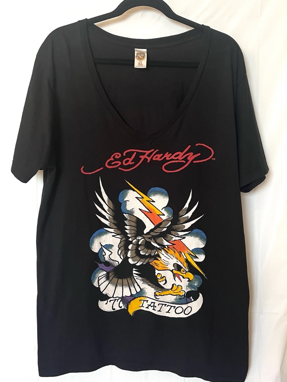 Ed Hardy Black V-Neck Tattoo Eagle Graphic Tee with Red Logo